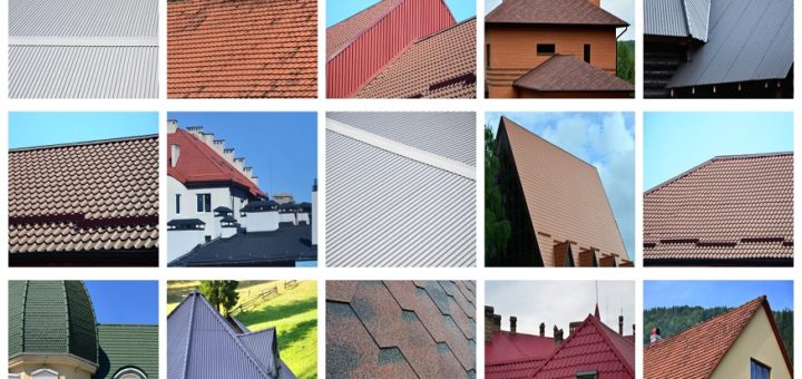 A collage of many pictures with fragments of various types of roofing. Set of images with roofs