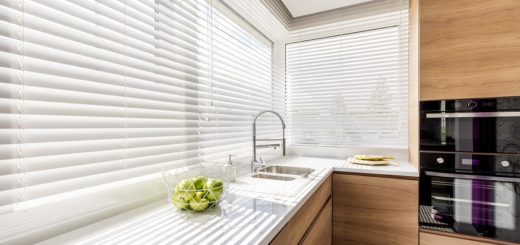 Kitchen with white window blinds